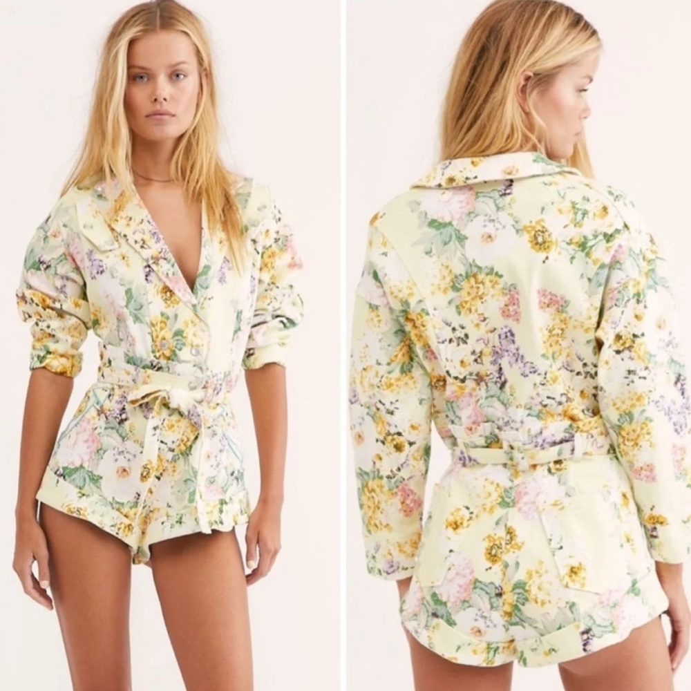 FOR LOVE & LEMONS CHAMOMILE YELLOW FLORAL DENIM MINI ROMPER